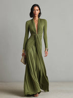 Mathilde | Oliv Seide Maxi Kleid V-Ausschnitt