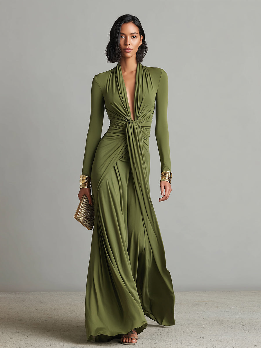 Mathilde | Oliv Seide Maxi Kleid V-Ausschnitt