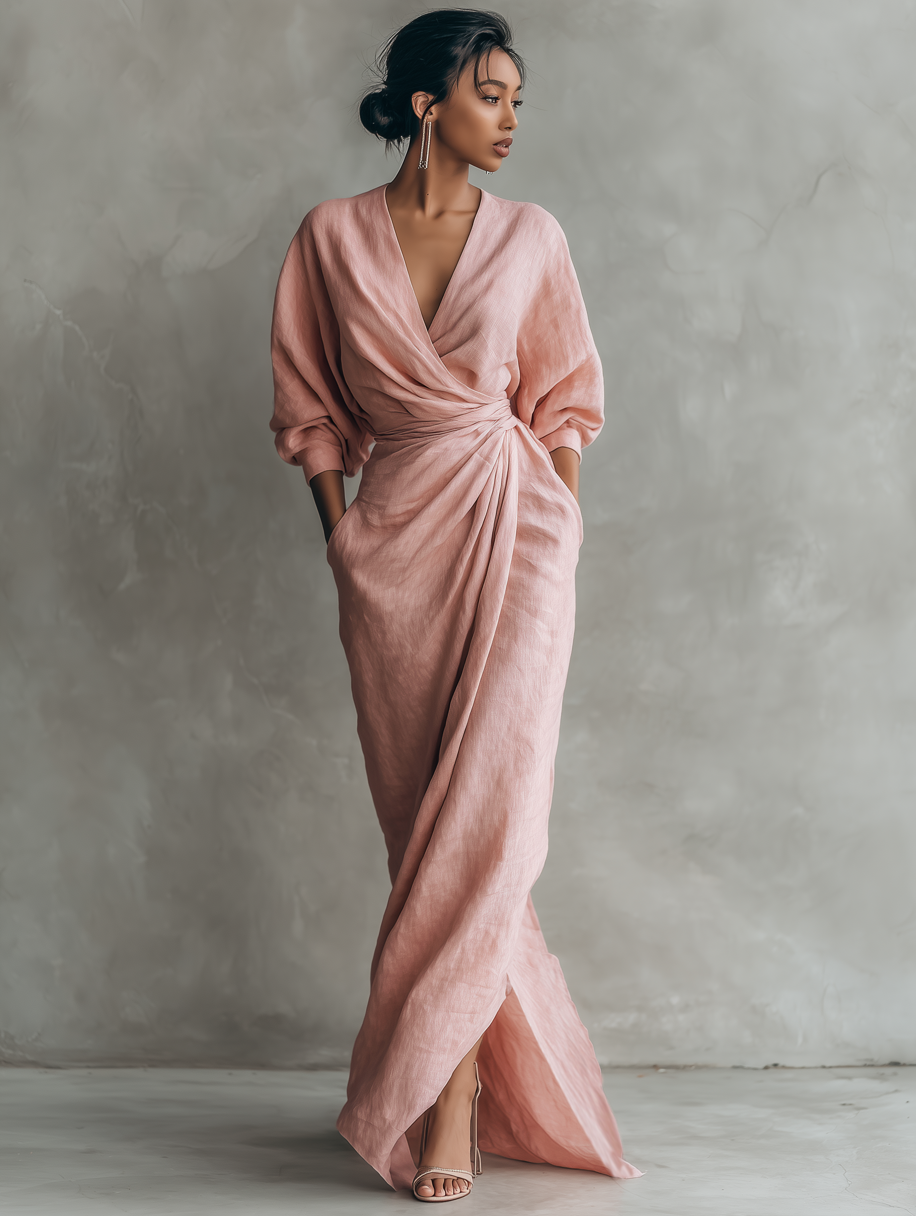 Anneliese | Rosa Leinen Maxi Kleid V-Hals
