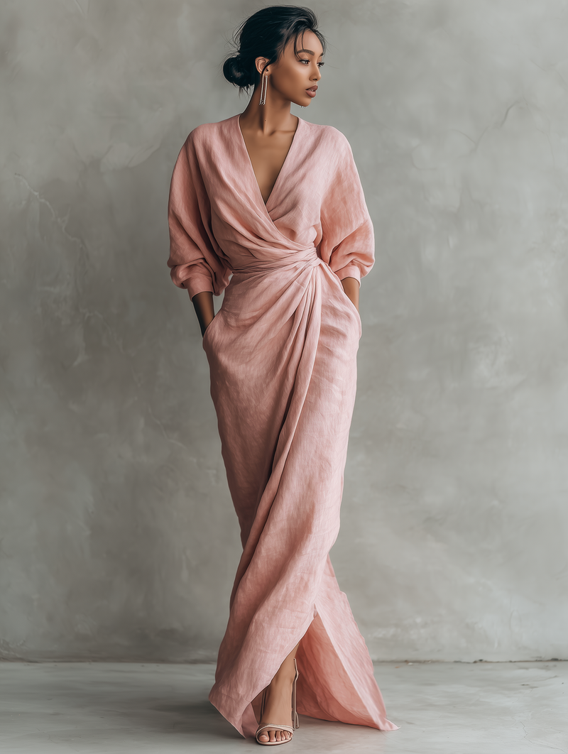 Anneliese | Rosa Leinen Maxi Kleid V-Hals