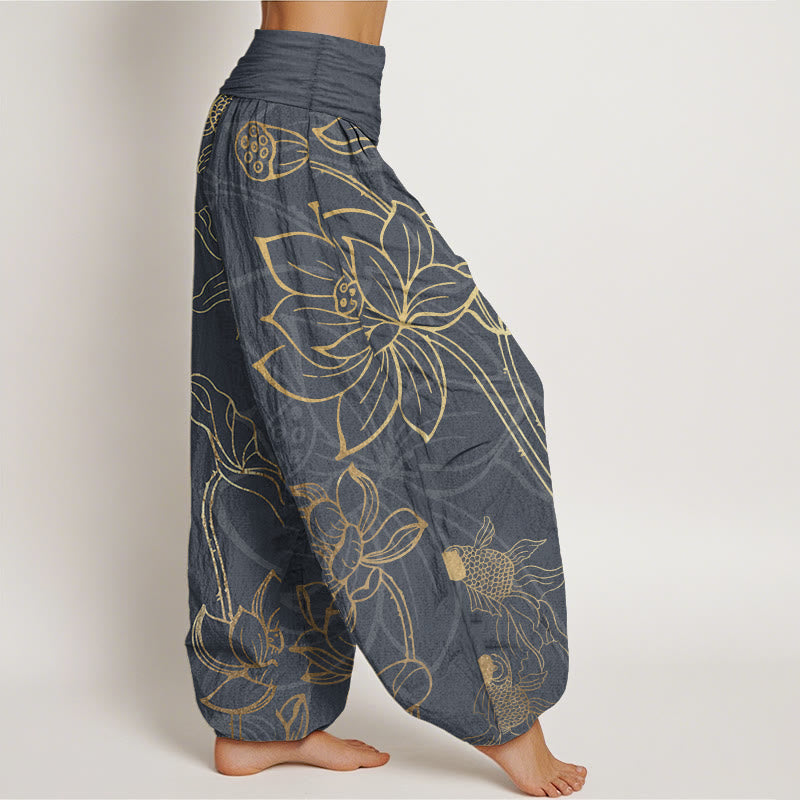 FitStyle Baumwoll Haremshose Damen – Koi-Fisch & Lotusblüten Muster | Elastischer Bund