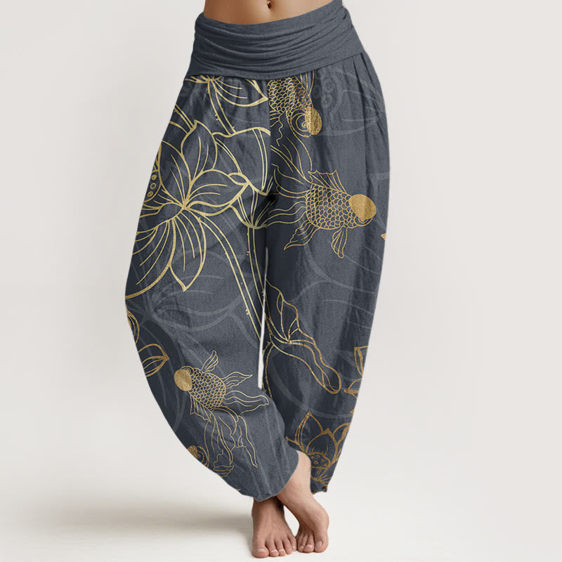 FitStyle Baumwoll Haremshose Damen – Koi-Fisch & Lotusblüten Muster | Elastischer Bund