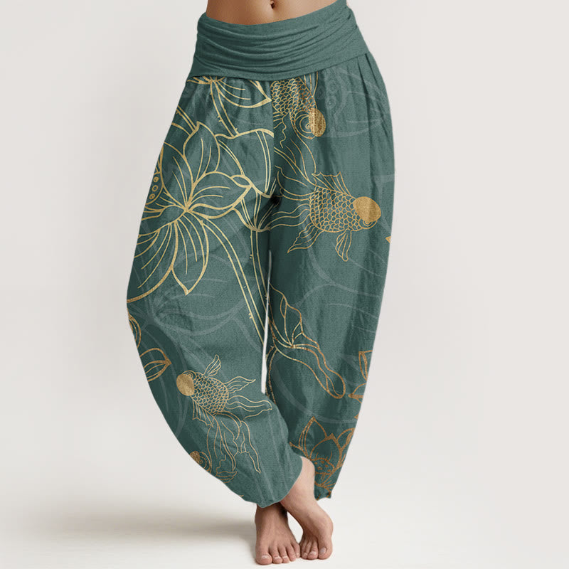 FitStyle Baumwoll Haremshose Damen – Koi-Fisch & Lotusblüten Muster | Elastischer Bund