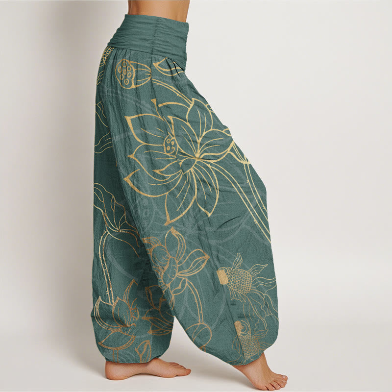 FitStyle Baumwoll Haremshose Damen – Koi-Fisch & Lotusblüten Muster | Elastischer Bund
