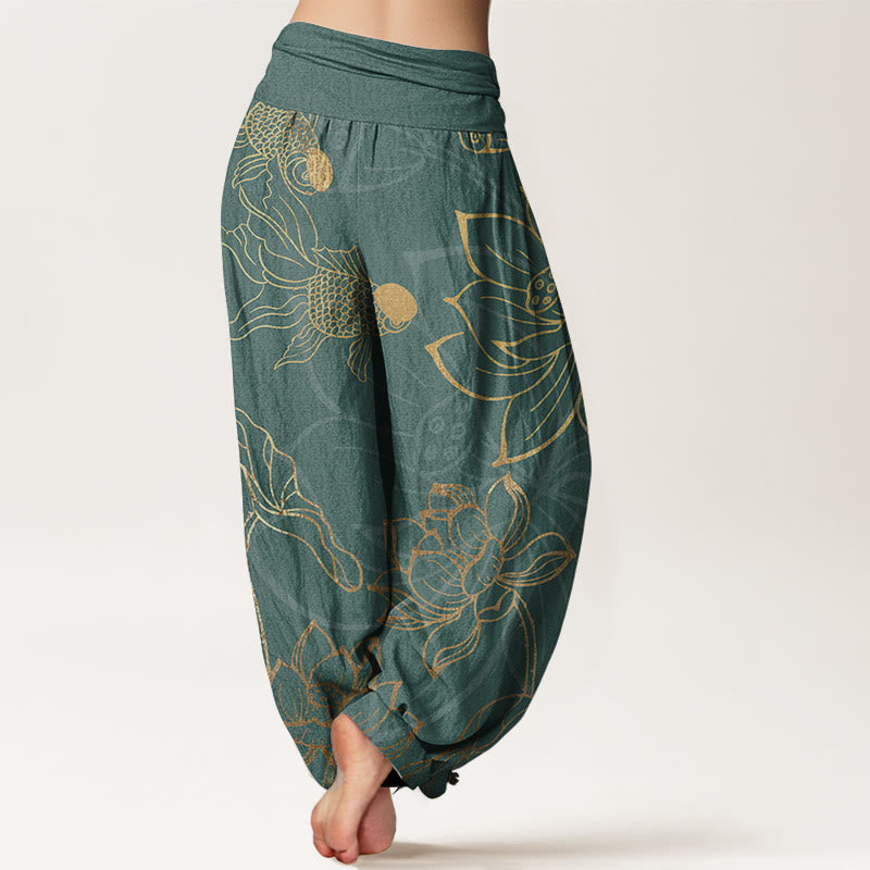 FitStyle Baumwoll Haremshose Damen – Koi-Fisch & Lotusblüten Muster | Elastischer Bund
