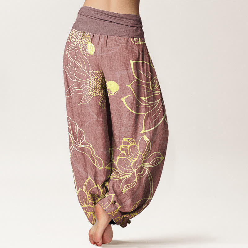 FitStyle Baumwoll Haremshose Damen – Koi-Fisch & Lotusblüten Muster | Elastischer Bund