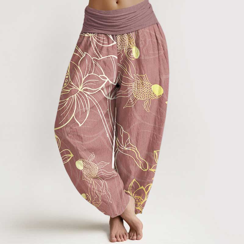 FitStyle Baumwoll Haremshose Damen – Koi-Fisch & Lotusblüten Muster | Elastischer Bund