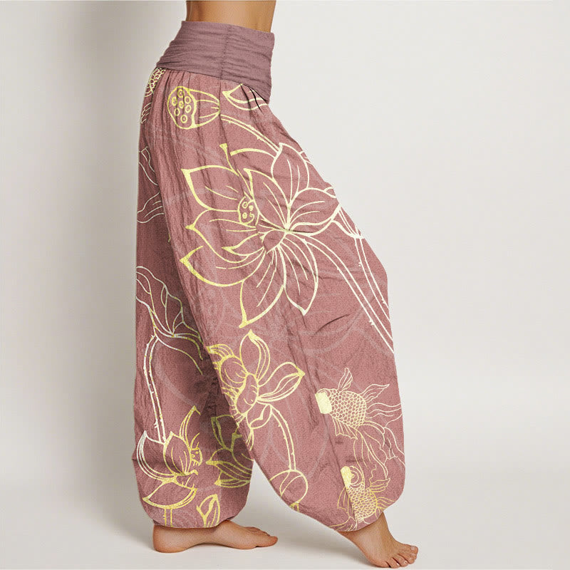 FitStyle Baumwoll Haremshose Damen – Koi-Fisch & Lotusblüten Muster | Elastischer Bund