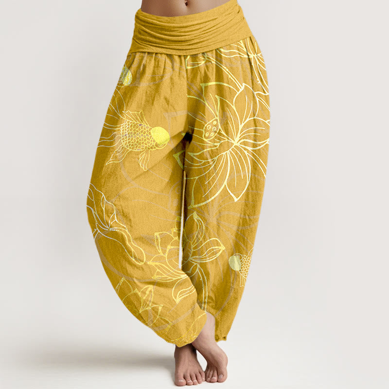FitStyle Baumwoll Haremshose Damen – Koi-Fisch & Lotusblüten Muster | Elastischer Bund