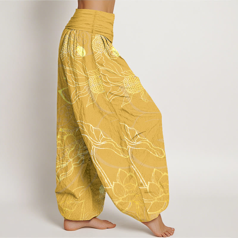 FitStyle Baumwoll Haremshose Damen – Koi-Fisch & Lotusblüten Muster | Elastischer Bund