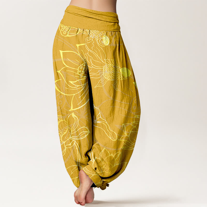 FitStyle Baumwoll Haremshose Damen – Koi-Fisch & Lotusblüten Muster | Elastischer Bund