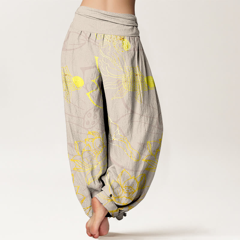 FitStyle Baumwoll Haremshose Damen – Koi-Fisch & Lotusblüten Muster | Elastischer Bund