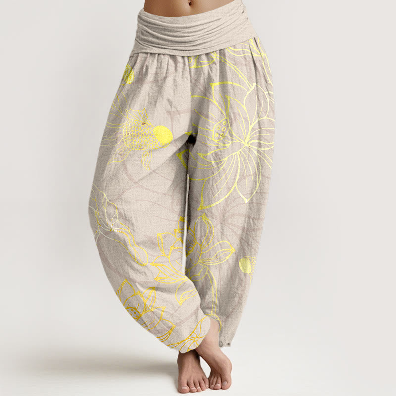 FitStyle Baumwoll Haremshose Damen – Koi-Fisch & Lotusblüten Muster | Elastischer Bund