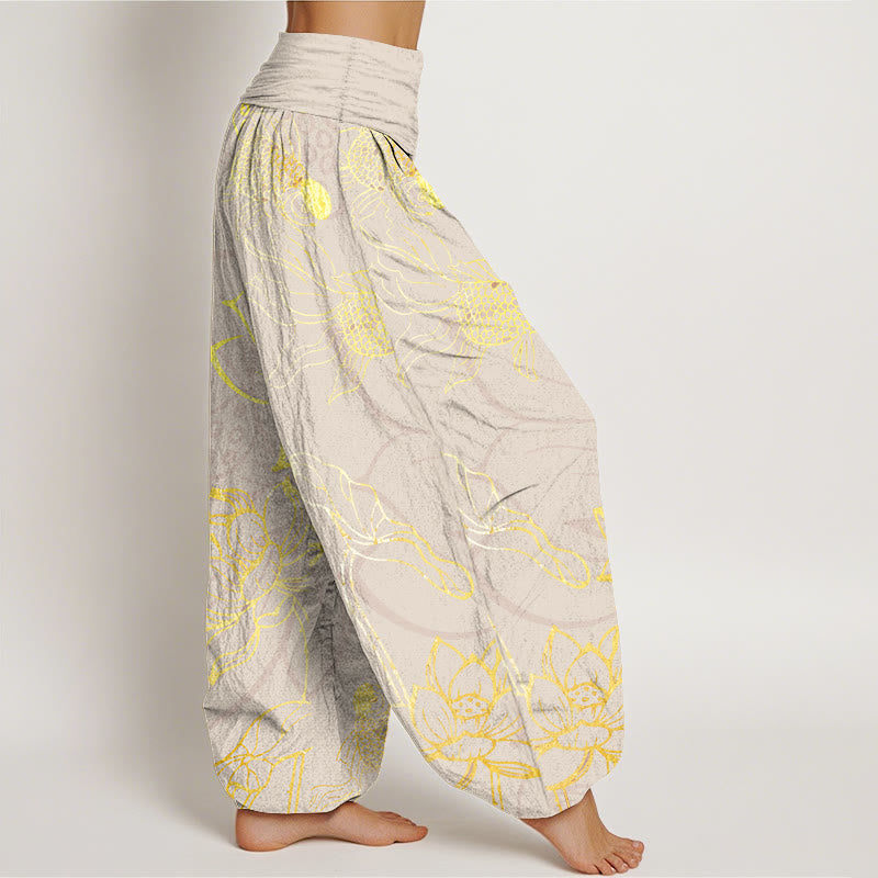 FitStyle Baumwoll Haremshose Damen – Koi-Fisch & Lotusblüten Muster | Elastischer Bund