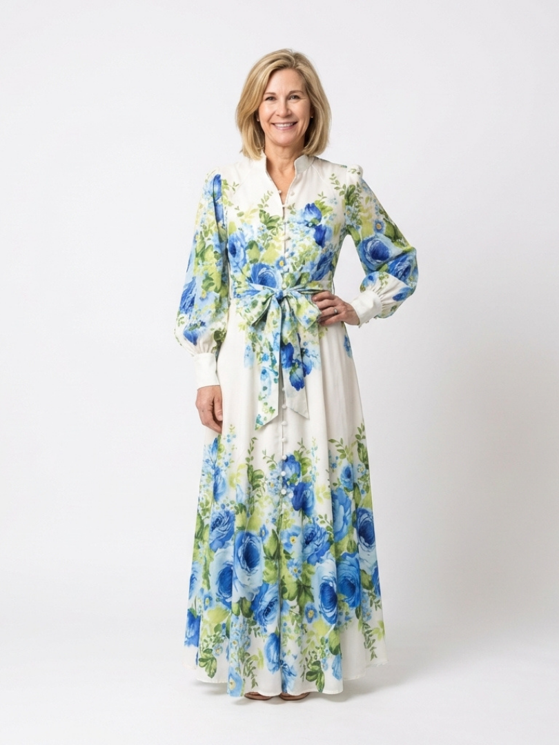 Harper | Langärmliges florales Maxikleid mit Knopfleiste
