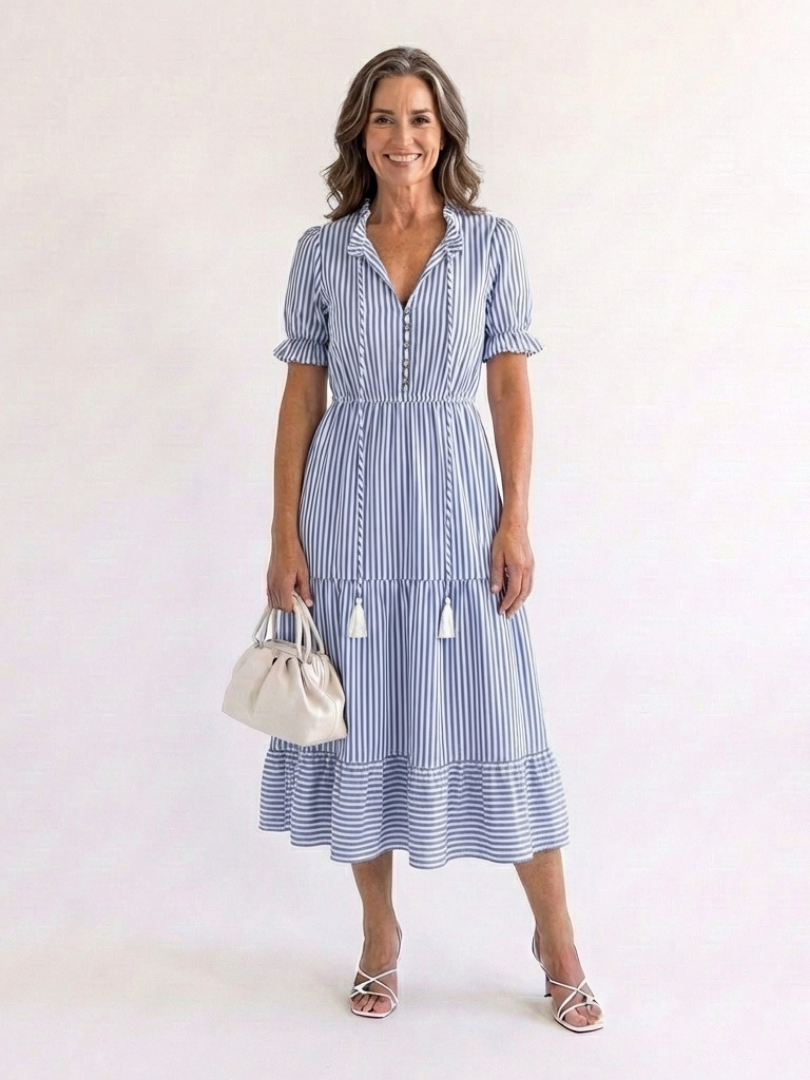 Dakota | Kurzärmeliges gestreiftes, schichtetes Midikleid