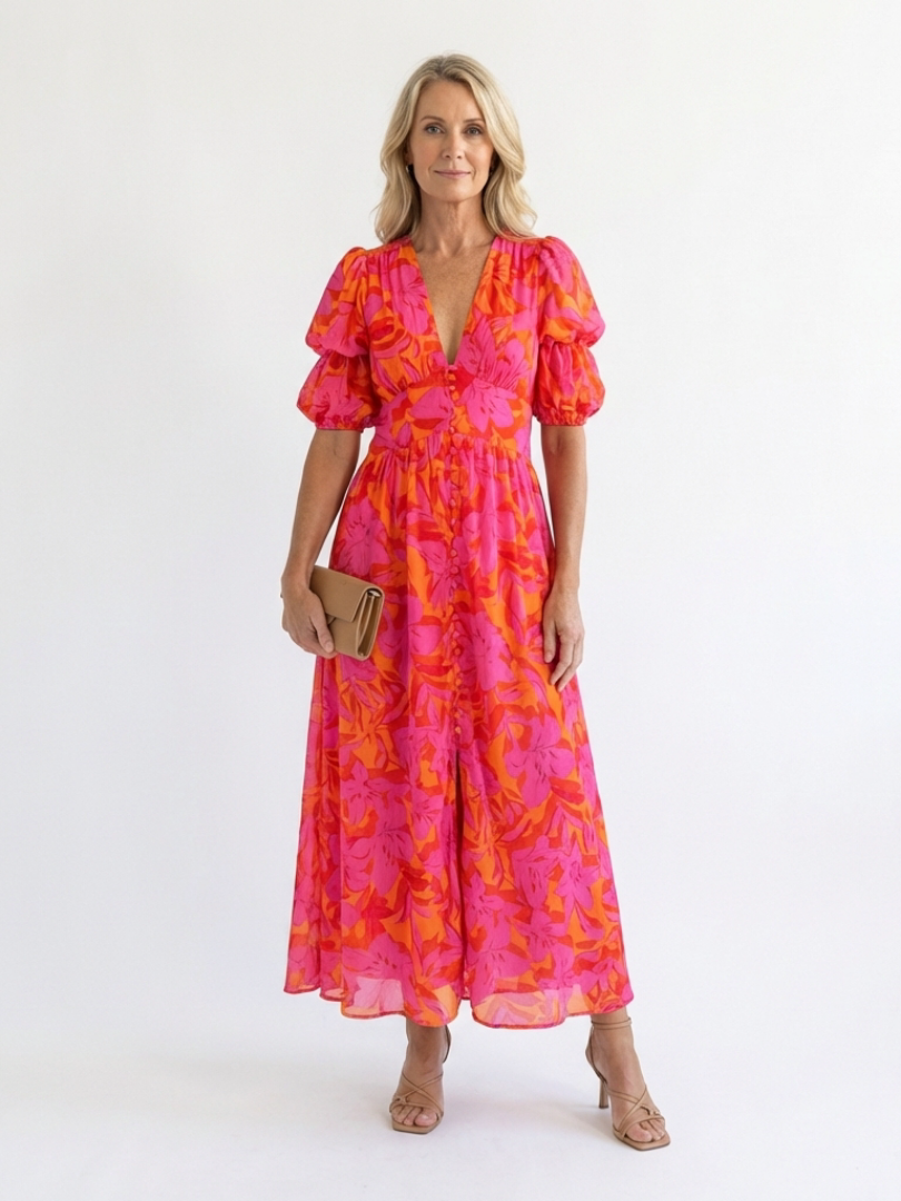 Willow | Blumiger V-Ausschnitt Midi-Kleid mit Puffärmeln
