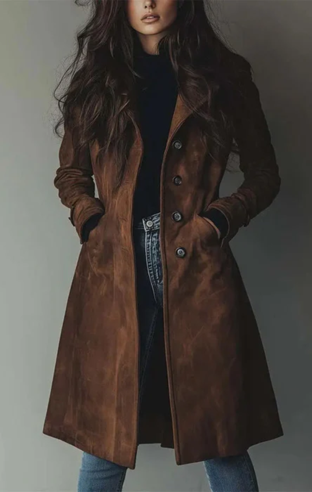 Maria | Langer Mantel aus veganem Veloursleder