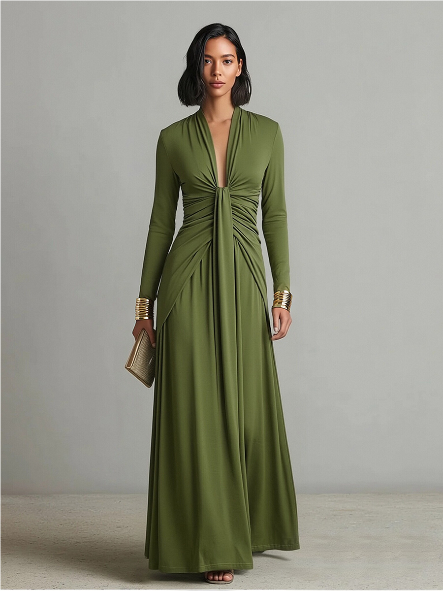 Mathilde | Oliv Seide Maxi Kleid V-Ausschnitt