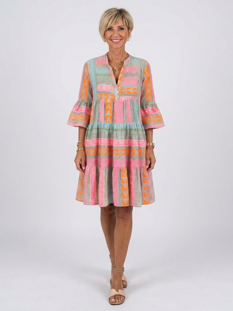 Maelle | Geometrisches Print V-Ausschnitt Stufen-Kleid in Knie-Länge