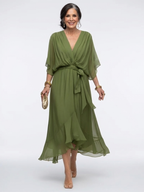Elysia | V-Ausschnitt Drapiertes Taillenband Midi-Kleid