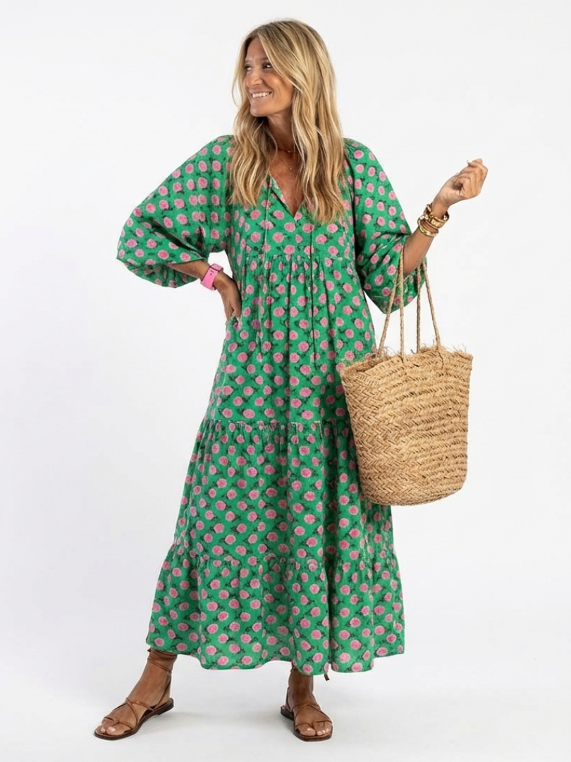 Fiora | Floral Print V-Ausschnitt Stufen Midi Kleid