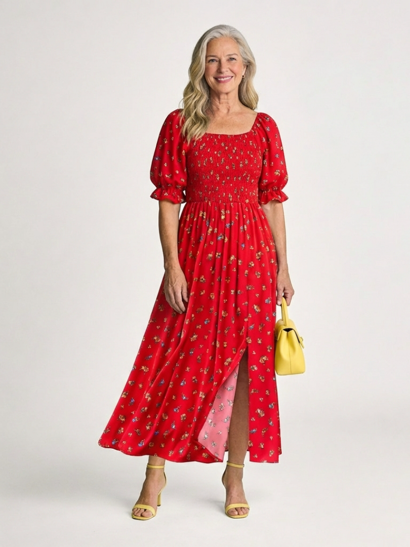 Delphine | Midi-Kleid mit quadratischem Ausschnitt und Blumenmuster