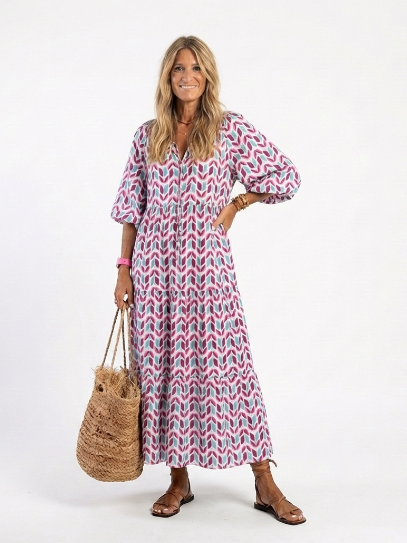 Mireya | Geometrisches Print Langarm Tiered Midi Kleid
