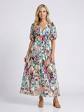 Eulalie | V-Ausschnitt Kurzarm Gerafftes Taillen Midi-Kleid