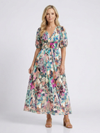 Eulalie | V-Ausschnitt Kurzarm Gerafftes Taillen Midi-Kleid