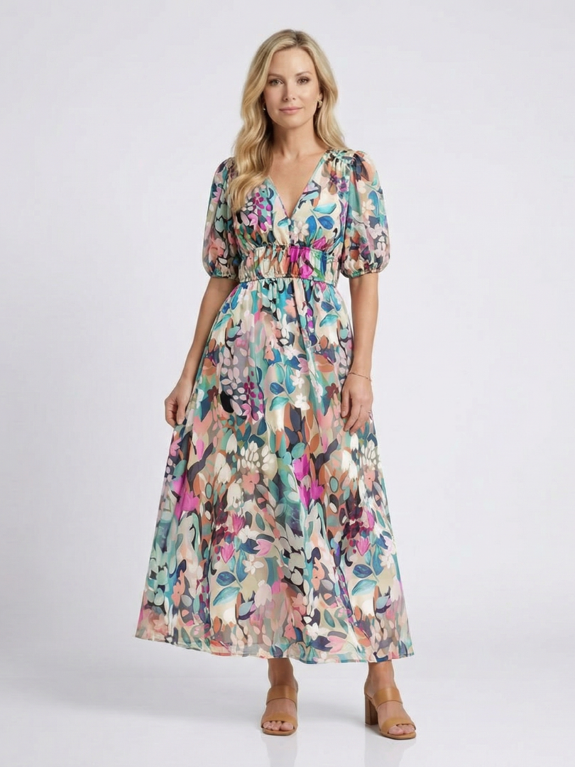 Eulalie | V-Ausschnitt Kurzarm Gerafftes Taillen Midi-Kleid