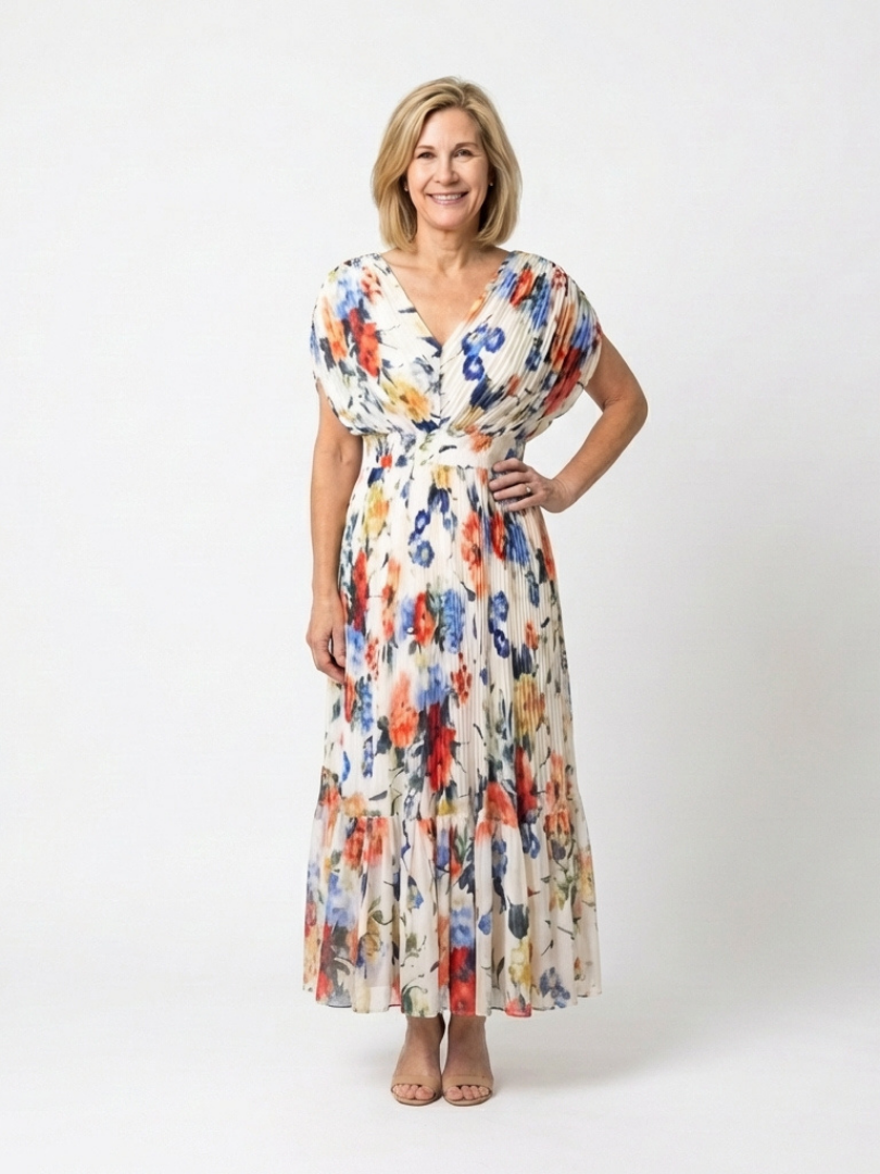 Savannah | Kurzes, ärmelloses, plissiertes Midi-Kleid