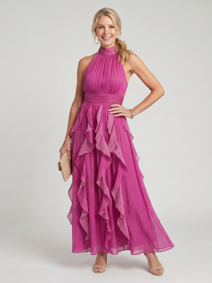 Orea | Maxikleid mit hochgeschlossenem, gerafftem Rüschensaum