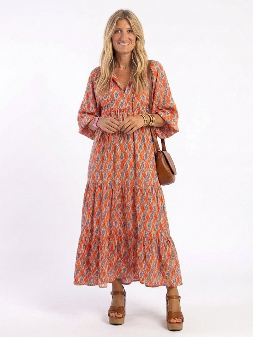 Amara | Geometrisches Druck V-Ausschnitt Schicht-Midi-Kleid