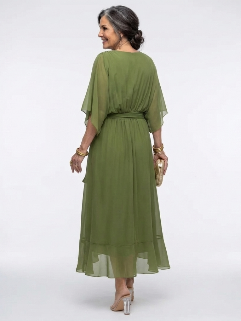 Elysia | V-Ausschnitt Drapiertes Taillenband Midi-Kleid