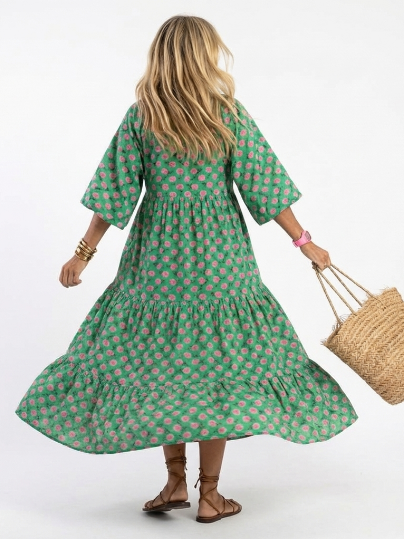Fiora | Floral Print V-Ausschnitt Stufen Midi Kleid