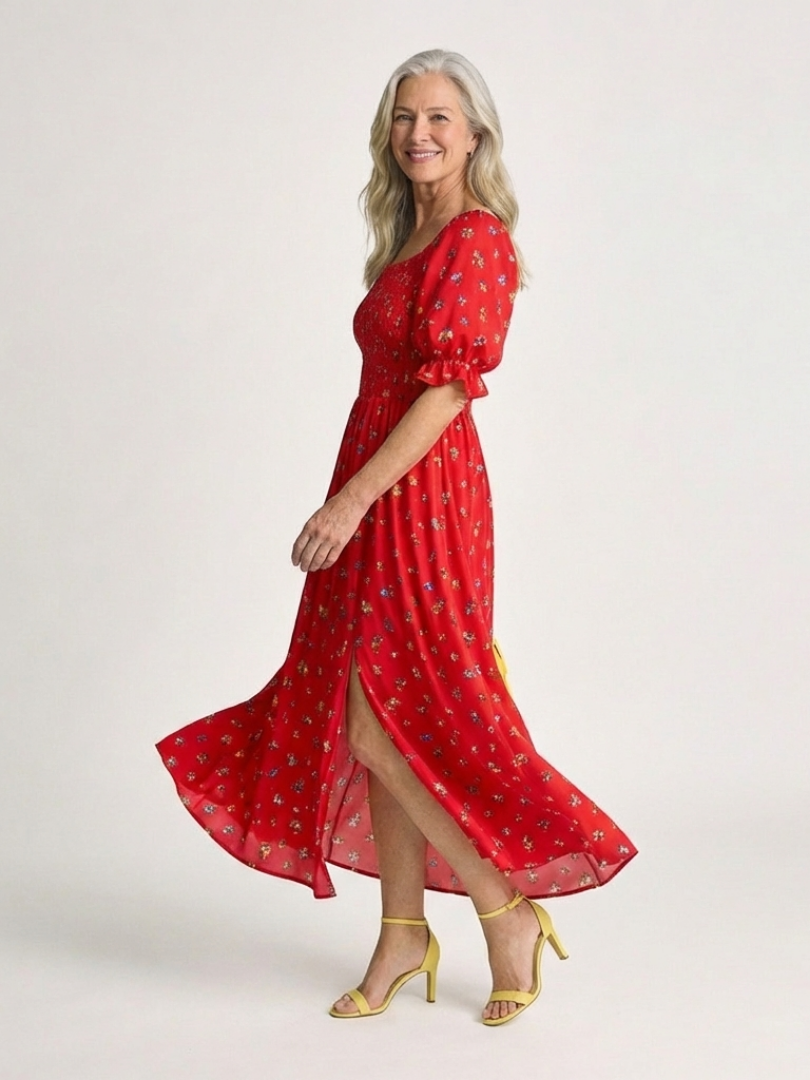 Delphine | Midi-Kleid mit quadratischem Ausschnitt und Blumenmuster