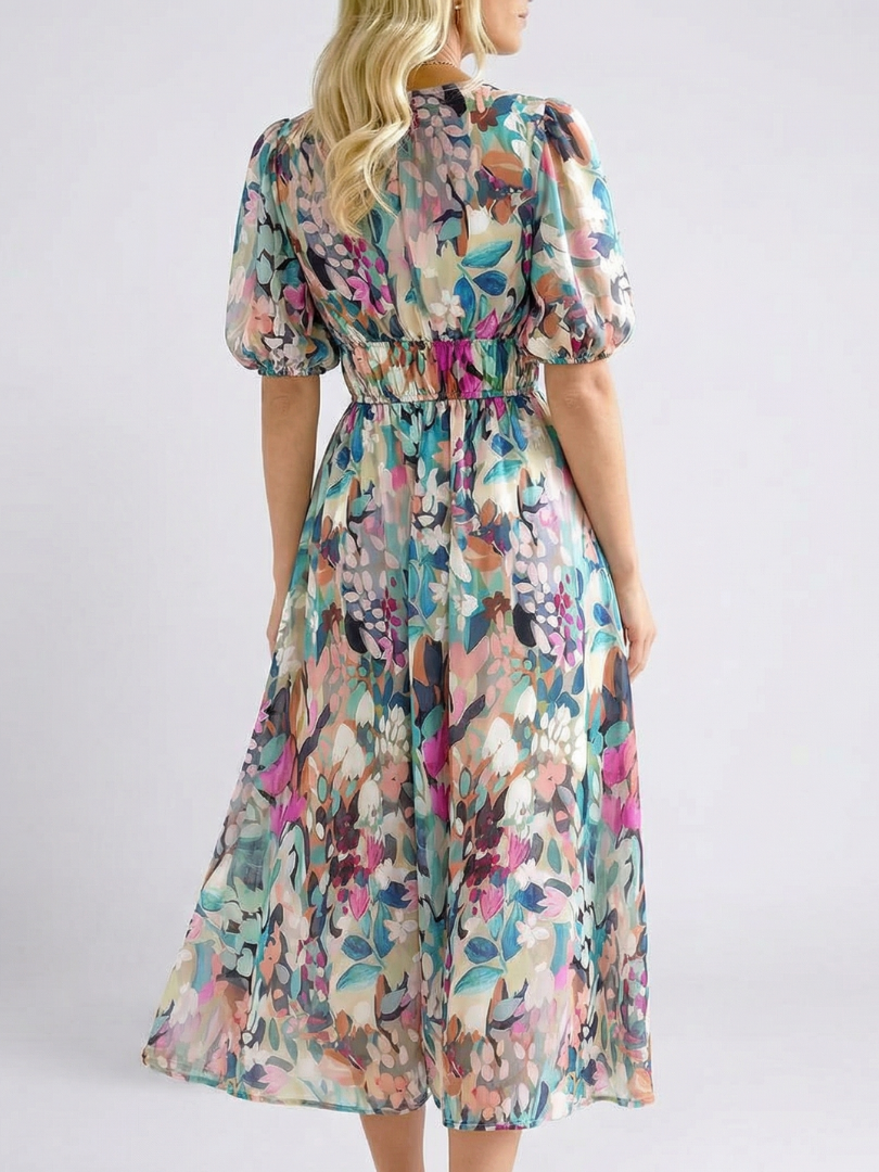Eulalie | V-Ausschnitt Kurzarm Gerafftes Taillen Midi-Kleid