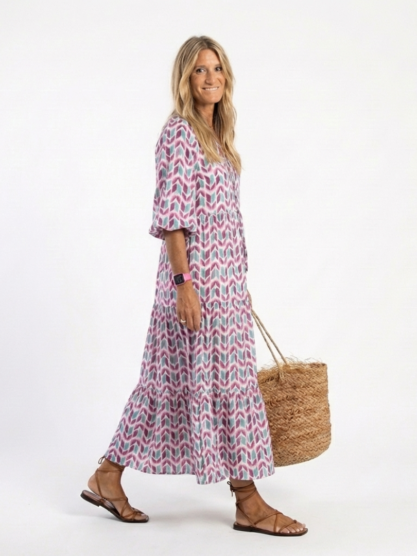 Mireya | Geometrisches Print Langarm Tiered Midi Kleid