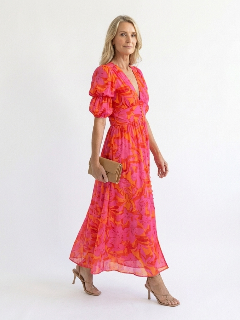 Willow | Blumiger V-Ausschnitt Midi-Kleid mit Puffärmeln