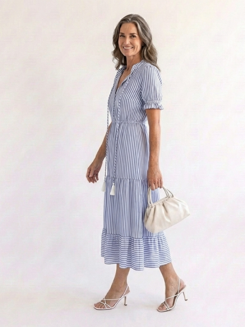 Dakota | Kurzärmeliges gestreiftes, schichtetes Midikleid