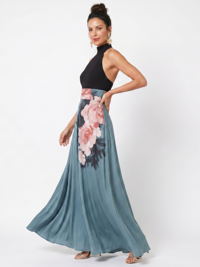 Olympas | Halter Bodice Floral Skirt Maxi Kleid