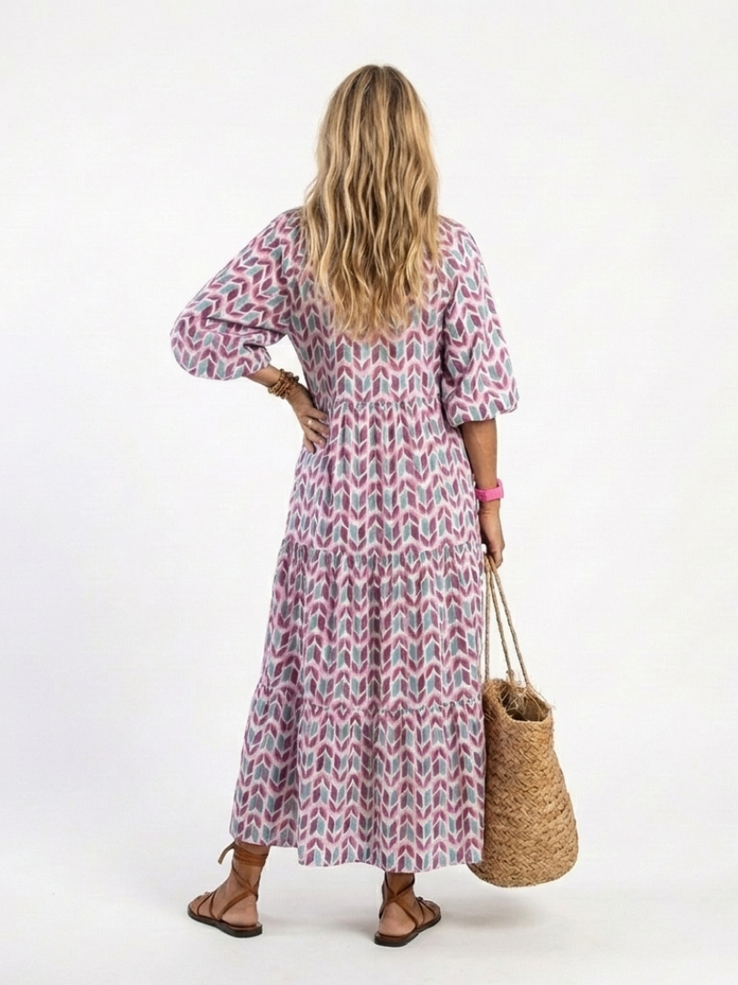 Mireya | Geometrisches Print Langarm Tiered Midi Kleid