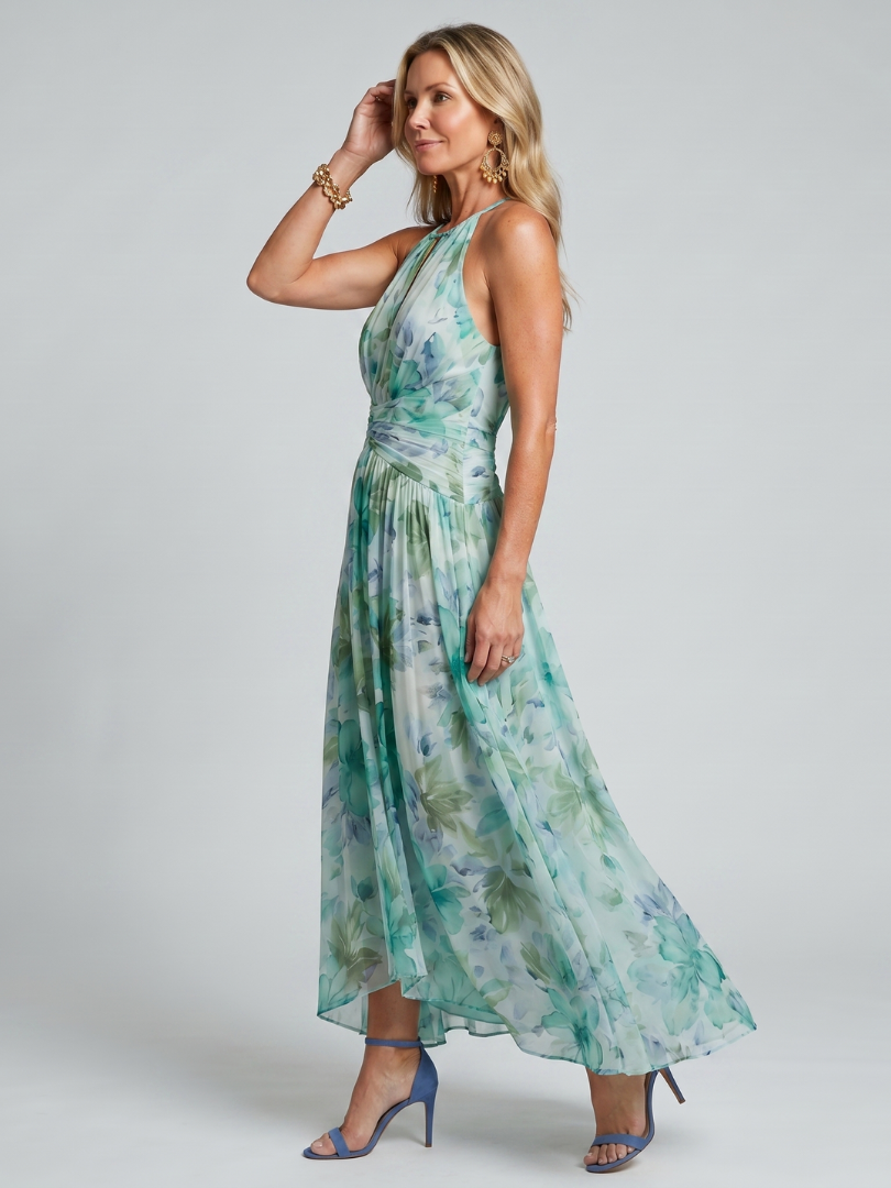 Portia | Plissiertes Halterkleid mit weichem Blumenmuster in Midi-Länge