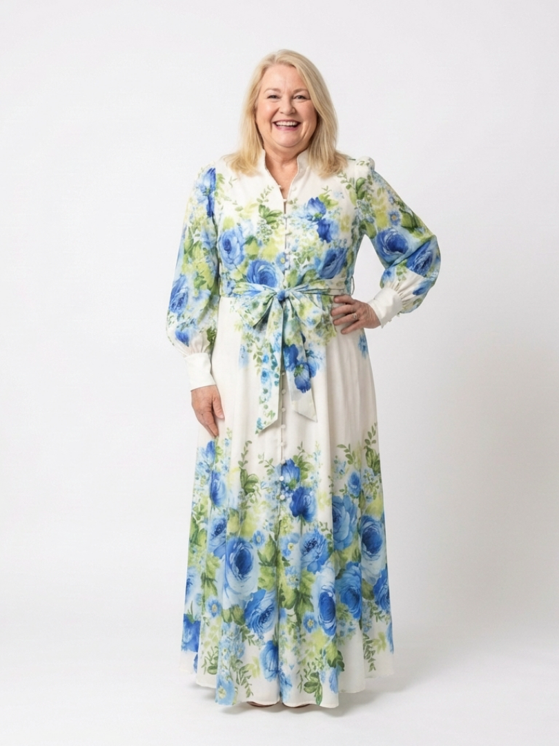Harper | Langärmliges florales Maxikleid mit Knopfleiste