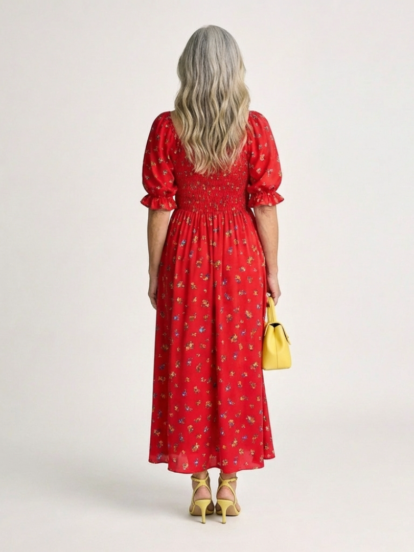 Delphine | Midi-Kleid mit quadratischem Ausschnitt und Blumenmuster