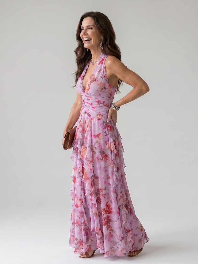 Nori | Halter-Neck Rüschentop Floral Maxi Kleid