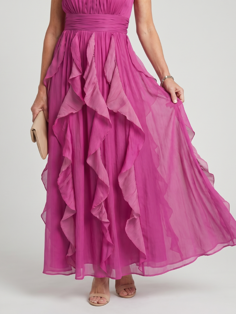 Orea | Maxikleid mit hochgeschlossenem, gerafftem Rüschensaum