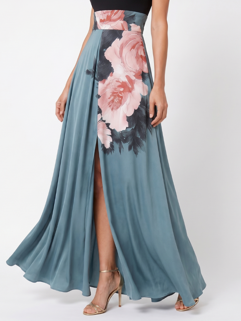 Olympas | Halter Bodice Floral Skirt Maxi Kleid