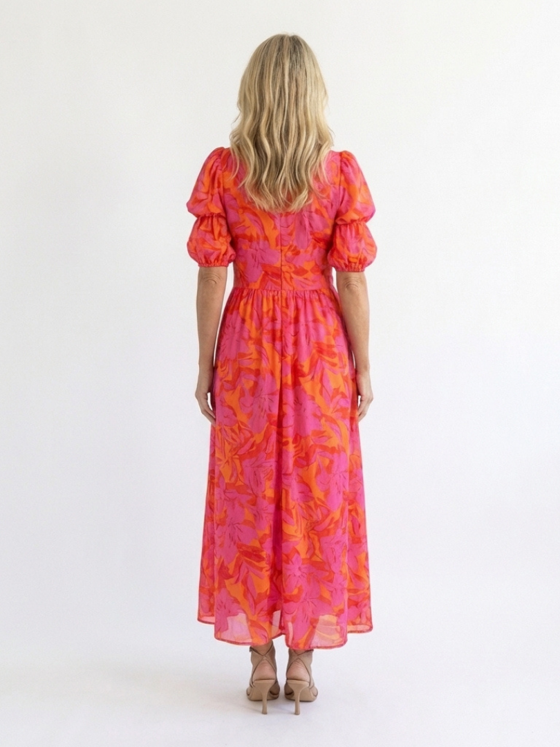 Willow | Blumiger V-Ausschnitt Midi-Kleid mit Puffärmeln